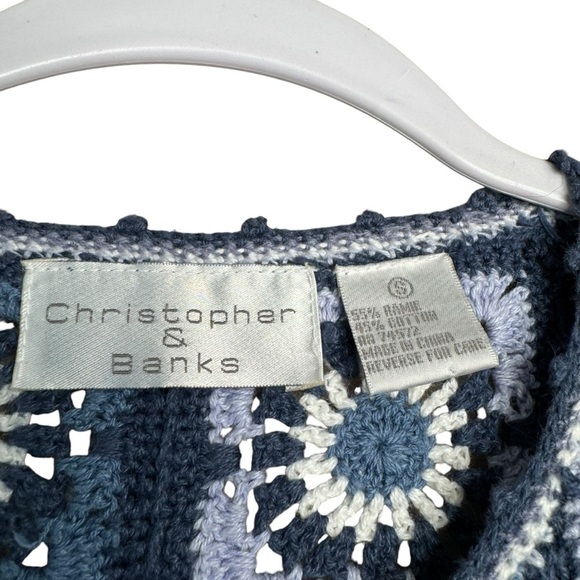 Christopher & Banks Granny Square Crochet Cardigan Sweater Short Sleeve S Blue - Picture 2 of 6